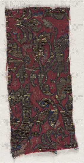 Textile Fragment, 15th century. Spain, Islamic period, 15th century. Lampas weave, satin; silk and gold; average: 21 x 9.3 cm (8 1/4 x 3 11/16 in.)