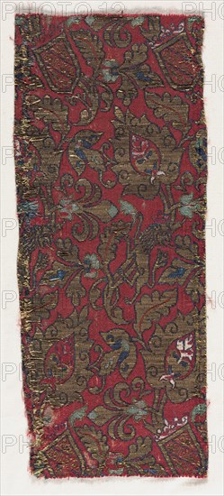 Lampas with undulating vines and lions, late 1400s - early 1500s. Spain, Granada, Nasrid period. Lampas: silk and gold thread; average: 37 x 15.4 cm (14 9/16 x 6 1/16 in.)