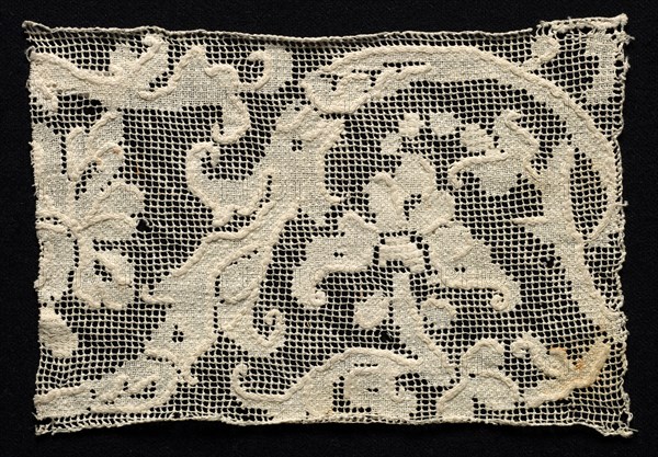 Fragment (of a Band?) with Floral Pattern, 16th century. Italy, 16th century. Needle lace, filet/lacis (knotted ground and darned in two directions); bleached linen (est.); overall: 10.7 x 15.4 cm (4 3/16 x 6 1/16 in.)