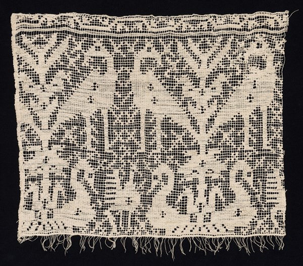 Fragment of a Border with Standing and Seated Birds Amidst Vegetation, 16th century. Italy, 16th century. Needle lace, burato (twined ground and darned in one direction); bleached linen (est.); overall: 40.1 x 46.4 cm (15 13/16 x 18 1/4 in.)