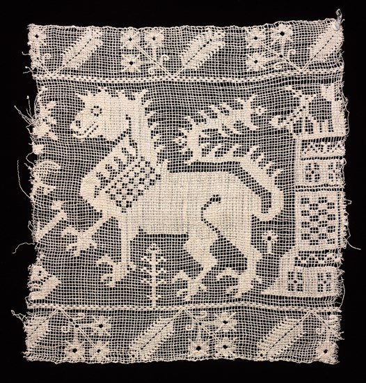Fragment of a Band with Dragon, Castle, and Vegetation, 1500s. Italy, 16th century. Needle lace, burato (twined ground and darned in one direction); bleached linen (est.); overall: 35.7 x 32.5 cm (14 1/16 x 12 13/16 in.)