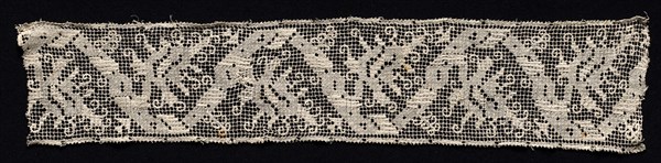 Fragment of a Band with Winding Design and Tendrils, 16th century. Italy, 16th century. Needle lace, filet/lacis (knotted ground and darned in one and two directions); bleached linen (est.); overall: 9.5 x 42.3 cm (3 3/4 x 16 5/8 in.)
