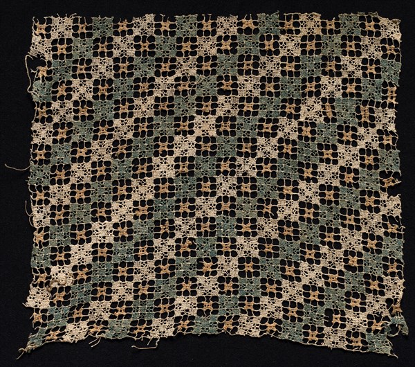 Fragment with Repeated Square Pattern, 1500s-1600s. Italy, 16th-17th century. Needle lace; filet/lacis (knotted ground and darned in two directions); bleached, dyed, and unbleached linen (est.); overall: 27 x 30.3 cm (10 5/8 x 11 15/16 in.)