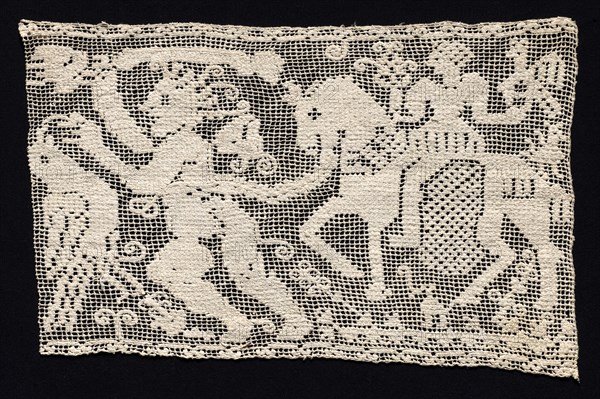 Fragment of a Band with Male Figure Leading Mounted Female Figure with Falcon, 16th-17th century. Italy, 16th-17th century. Needle lace; filet/lacis (knotted ground and darned in two directions); bleached linen (est.); overall: 28.5 x 43.6 cm (11 1/4 x 17 3/16 in.)