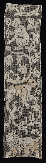 Fragment of a Band with Vines Surrounding a Monkey, Lion, and an Unidentified Four-Legged Animal, 16th century. Italy, 16th century. Needle lace, filet/lacis (knotted ground and darned in two directions); bleached linen (est.); overall: 20.1 x 80.5 cm (7 15/16 x 31 11/16 in.).