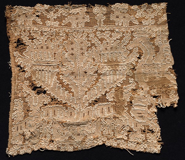 Fragment with Animal and Vegetal Motifs, 16th century. Italy, 16th century. Needle lace, burato (twined ground and darned in two directions); unbleached and bleached linen (est.); overall: 29.2 x 32.2 cm (11 1/2 x 12 11/16 in.)
