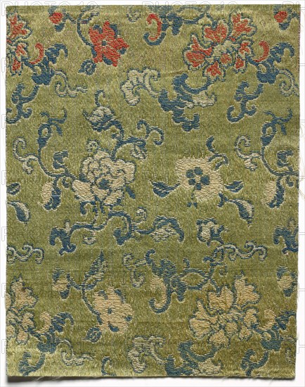 Fragment, 1800s. China, 19th century. Satin ground; silk diasper weave; overall: 15.9 x 12.7 cm (6 1/4 x 5 in.)