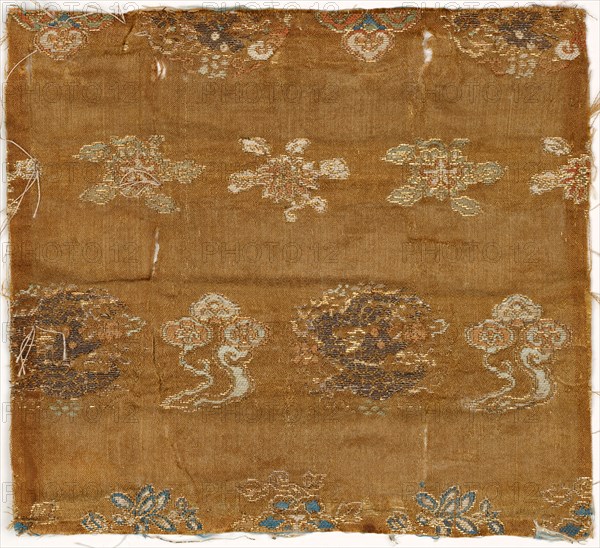 Fragment, early 1700s. China, early 18th century. Brocaded satin; silk; overall: 16.5 x 15.3 cm (6 1/2 x 6 in.)