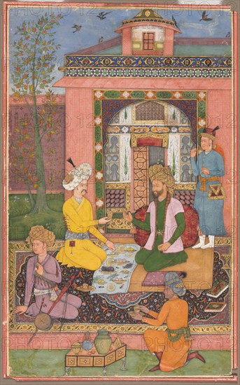 A feast in a pavilion setting, c. 1620. Attributed to Muhammad Ali (Persian, active 1590-1620). Opaque watercolor and gold on paper; overall: 23.4 x 14.6 cm (9 3/16 x 5 3/4 in.).