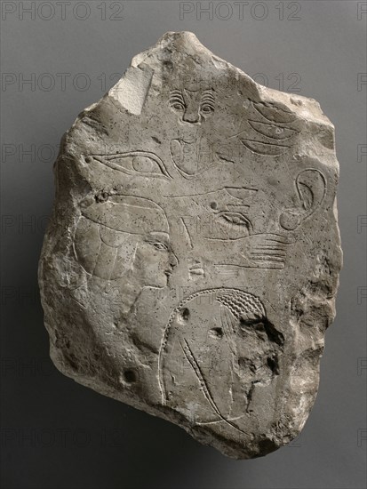 Trial Piece Worked on Both Sides, c. 1391-1353 BC. Egypt, probably Thebes, New Kingdom, Dynasty 18, reign of Amenhotep III. Limestone; overall: 34.4 x 24 x 7 cm (13 9/16 x 9 7/16 x 2 3/4 in.).