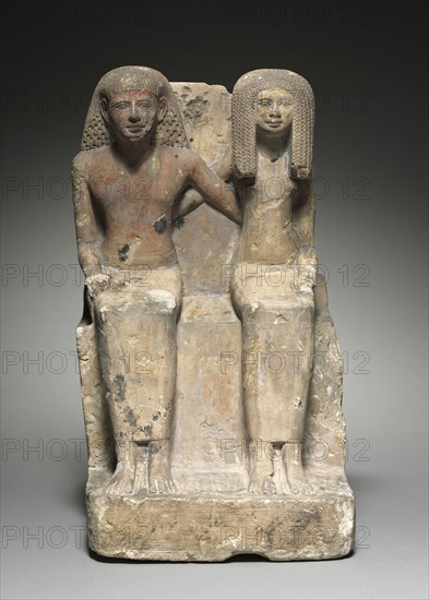 Seated Pair Statue, c. 1479-1425 BC. Egypt, New Kingdom, Dynasty 18, reign of Tuthmosis III, 1479-1425 BC. Painted limestone; overall: 39 x 21 x 25.2 cm (15 3/8 x 8 1/4 x 9 15/16 in.).