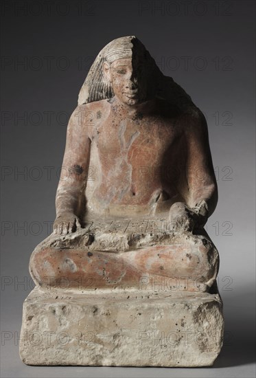 Seated Scribe of Medthu, c. 1479-1425 BC. Egypt, New Kingdom, Dynasty 18 (1540-1296 BC), reign of Tutmosis III. Limestone, originally painted; overall: 30.5 x 18.9 x 24.1 cm (12 x 7 7/16 x 9 1/2 in.).