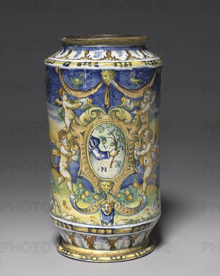 Storage Jar, c. 1510. Workshop of Domenico da Venezia (Italian). Tin-glazed earthenware (maiolica); overall: 28.9 x 16.5 cm (11 3/8 x 6 1/2 in.).