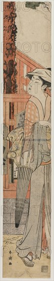 Young Woman Standing Beside a Pine Tree Within the Precincts of a Temple, c. late 1780s. Katsukawa Shuncho (Japanese). Color woodblock print; sheet: 61 x 11.2 cm (24 x 4 7/16 in.).