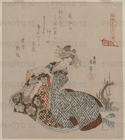 Courtesan Reading Beside a Potted Plum Tree (From the series Seven Courtesans Compared to Taoist Immortals), early 1820s. Yashima Gakutei (Japanese, 1786(?)-1868). Color woodblock print (surimono); sheet: 20.7 x 18.5 cm (8 1/8 x 7 5/16 in.).