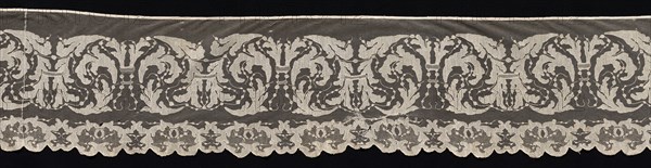 Border with Renaissance Motif, early 19th century. Italy, early 19th century. Needle lace, machine-made burato (twined ground and darned in one direction); bleached linen (est.); overall: 31.1 x 297.4 cm (12 1/4 x 117 1/16 in.).