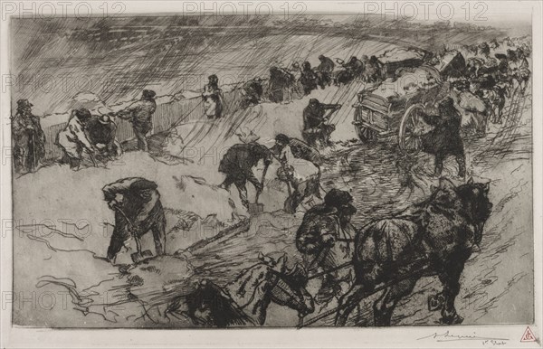 Combat contre la Neige, Quai aux Fleurs, 1890. Auguste Louis Lepère (French, 1849-1918). Etching