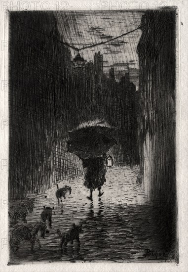 Rain and Umbrella, c. 1875. Félix Hilaire Buhot (French, 1847-1898). Etching; sheet: 22.5 x 14.8 cm (8 7/8 x 5 13/16 in.); platemark: 11.9 x 7.8 cm (4 11/16 x 3 1/16 in.)