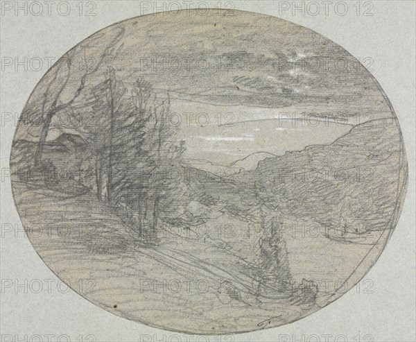 Landscape, 1800s. François-Auguste Ravier (French, 1814-1895). Black chalk and graphite with white chalk and traces of pen and black ink; framing lines in graphite; sheet: 25.8 x 31.4 cm (10 3/16 x 12 3/8 in.); secondary support: 31.5 x 43.5 cm (12 3/8 x 17 1/8 in.).