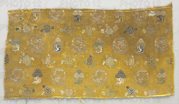Fragment, 1700s. China, 18th century. Brocaded satin; silk; overall: 26 x 49.5 cm (10 1/4 x 19 1/2 in.).