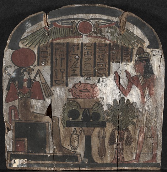 Stele of Djedasetiufankh, 945-715 BC. Egypt, Probably Thebes, New Kingdom, Dynasty 22, 915-745 BC. Painted wood; overall: 25.9 x 25.2 x 2 cm (10 3/16 x 9 15/16 x 13/16 in.).