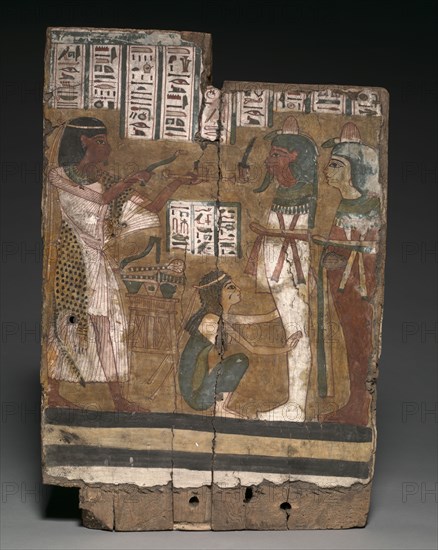 Side Panel from the Coffin of Amenemope, c. 976-889 BC. Egypt, Thebes, Third Intermediate Period, late Dynasty 21 (1069-945) to early Dynasty 22 (945-715 BC). Gessoed and painted sycamore fig ; overall: 60.4 x 41 x 6 cm (23 3/4 x 16 1/8 x 2 3/8 in.).