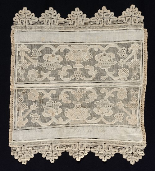 Joined Borders with Floral Motifs, 19th century. Russia, 19th century. Needle lace, machine-made filet/lacis (est.) (twined ground and darned in two directions); bleached linen (est.); overall: 55.8 x 48.1 cm (21 15/16 x 18 15/16 in.).
