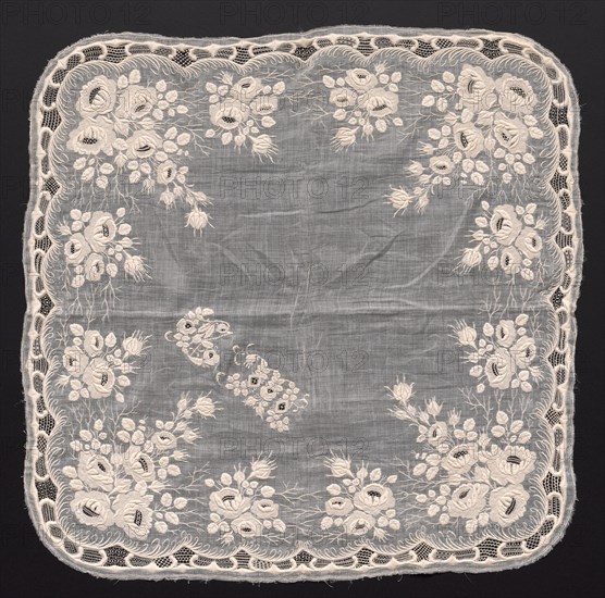 Handkerchief, 1800s. France, 19th century. Embroidered linen; overall: 47 x 47 cm (18 1/2 x 18 1/2 in.).