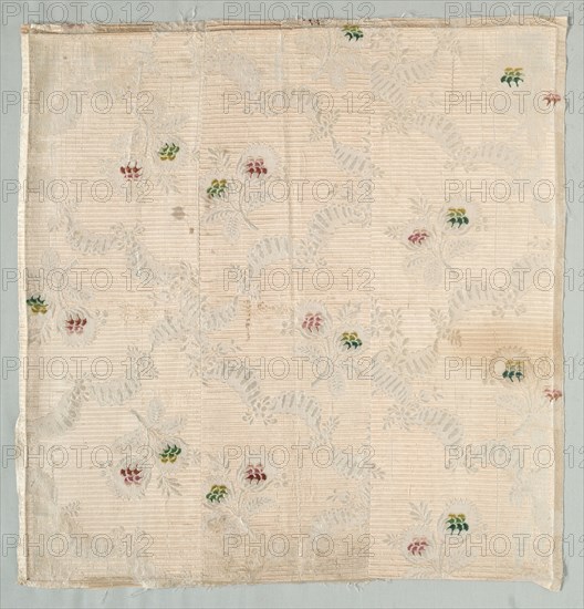 Panel, mid 1700s. France, mid-18th century, Period of Louis XV. Tabby; brocaded silk with flushing warp weave; overall: 51.7 x 49.5 cm (20 3/8 x 19 1/2 in.).