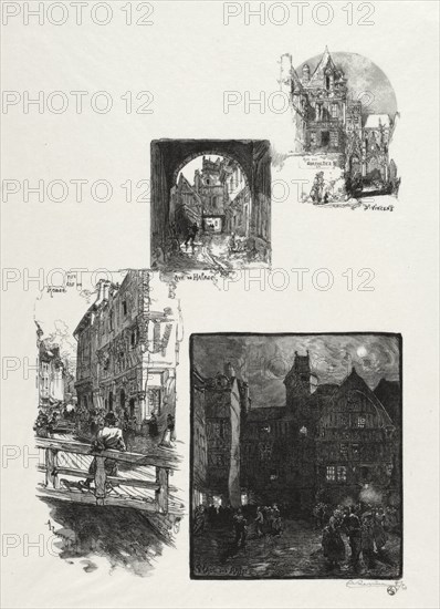 Rouen Illustré:  Rue des Charretes; Rue de Halage; Rue Eau de Robec; Place des Arts, 1896. Auguste Louis Lepère (French, 1849-1918). Wood engraving