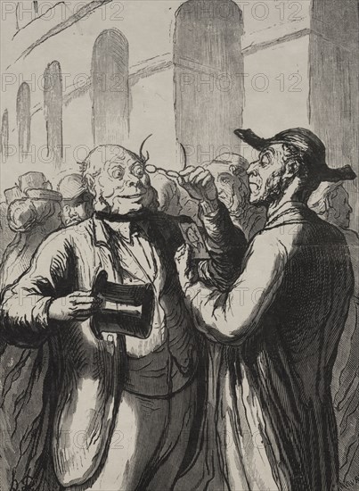 Exposition universelle:  L'inspection des photographies aux tourniquets.  Les chauves doivent oter leur chapeau et les myopes leurs lunettes. Honoré Daumier (French, 1808-1879). Wood engraving