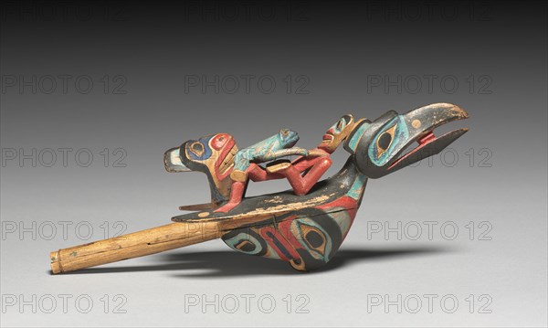 Rattle, early 1900s. America, Native North American, Northwest Coast, Haida, 19th century. Wood, pigment; overall: 31.8 x 9.3 x 11.2 cm (12 1/2 x 3 11/16 x 4 7/16 in.).
