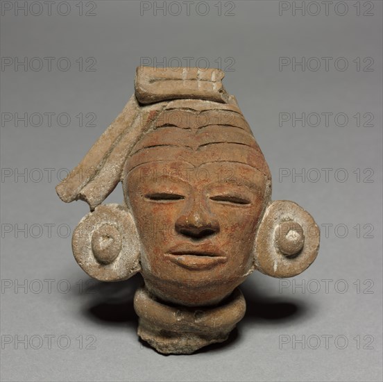 Figurine Head Fragment, 150-350. Central Mexico, Teotihuacán, Classic Period. Ceramic, pigment; diameter: 5.4 cm (2 1/8 in.); overall: 9.2 x 8.5 cm (3 5/8 x 3 3/8 in.).