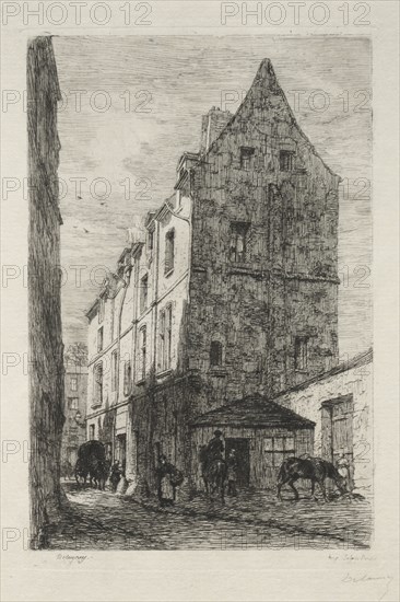 Maison dite de la Reine Blanche, Rue de Marmousets. Alfred Alexandre Delauney (French, 1830-1894). Etching