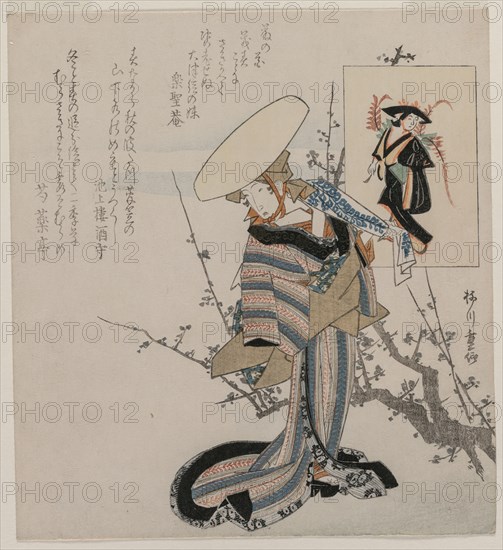 Woman by a Plum Tree Matched with the Wisteria Maiden (from a series of women compared to figures from Otsu paintings), c. early 1830s. Yanagawa Shigenobu (Japanese, 1787-1832). Color woodblock print (surimono); sheet: 20.2 x 18.5 cm (7 15/16 x 7 5/16 in.).