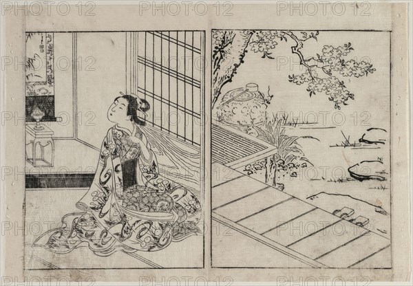 Woman Looking at a Hanging Scroll, c. 1740s. Nishikawa Sukenobu (Japanese, 1671-1754). Color woodblock print; sheet: 25.2 x 36.9 cm (9 15/16 x 14 1/2 in.).