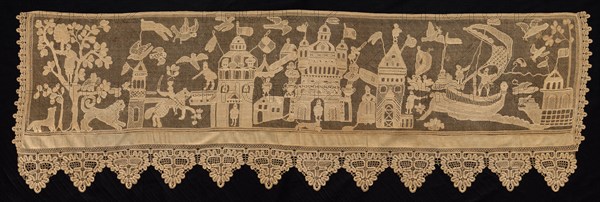 Border with Battle Scene, 18th century. Russia, 18th century. Needle lace, burato (twined ground and darned in one and two directions) and bobbin lace edging; unbleached linen (est.); overall: 61.1 x 192.5 cm (24 1/16 x 75 13/16 in.).