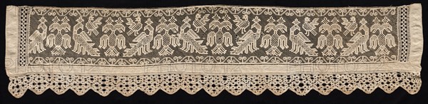 Border with Crowned and Double-Headed Birds, 18th-19th century. Russia, 18th-19th century. Needle lace, filet/lacis (knotted ground and darned in one direction) and bobbin lace edging; bleached linen (est.); overall: 35.6 x 154.3 cm (14 x 60 3/4 in.)