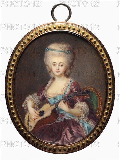 Portrait of a Woman with a Guitar, called Louise D'Aumont, Mazarin, Duchesse d'Aumont, late 18th century. Antoine Vestier (French, 1740-1824). Watercolor on ivory in gold mount; framed: 8.7 x 7.3 cm (3 7/16 x 2 7/8 in.); unframed: 7.5 x 6.1 cm (2 15/16 x 2 3/8 in.).