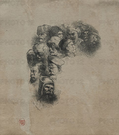 Study of Heads. Charles-Émile Jacque (French, 1813-1894). Etching