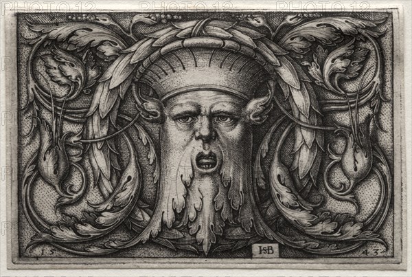 Ornament of Satyr's Head and Wreath, 1543. Hans Sebald Beham (German, 1500-1550). Engraving