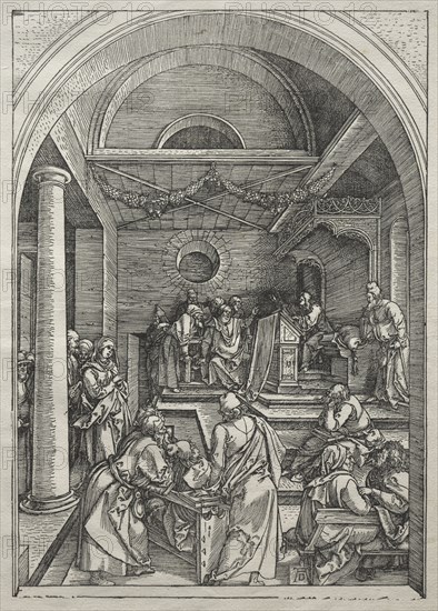 Life of the Virgin:  Christ Among the Doctors, 1504-1505. Albrecht Dürer (German, 1471-1528). Woodcut