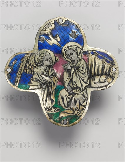 Quatrilobed Plaque (pair): The Annunciation and The Descent from the Cross, c. 1350-1400. Spain, Catalonia?, 14th century. Translucent enamel (basse-taille) on silver; overall: 8.3 x 8.3 cm (3 1/4 x 3 1/4 in.).