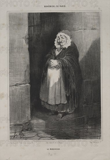 Bohemians of Paris, plate 15: The Pedestrain (or The Large Sick Woman), 1841. Honoré Daumier (French, 1808-1879). Lithograph; sheet: 34.6 x 26.8 cm (13 5/8 x 10 9/16 in.); image: 24.5 x 17.7 cm (9 5/8 x 6 15/16 in.)