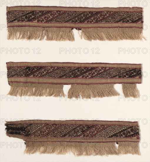 Three Fragments of a Border, c. 1100-1400. Peru, Central Coast, Chancay, 12th-15th century. Tabby with inset border of fancy twill, brocaded; cotton and wool; part 1: 11.5 x 45.7 cm (4 1/2 x 18 in.)
