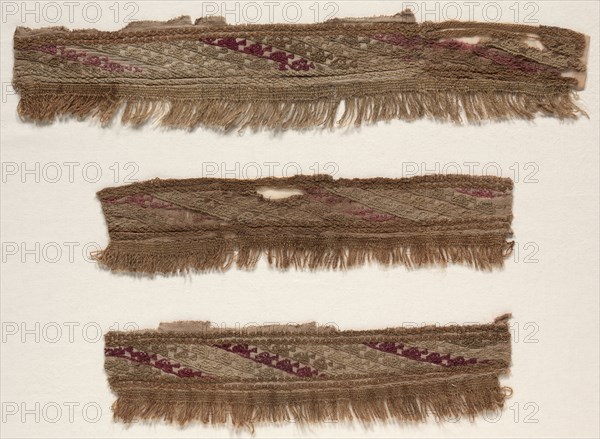 Three Border Fragments, c. 1100-1400. Peru, Central Coast, Chancay, 12th-15th century. Tabby, brocaded; cotton and wool; overall: 11.5 x 56 cm (4 1/2 x 22 1/16 in.)