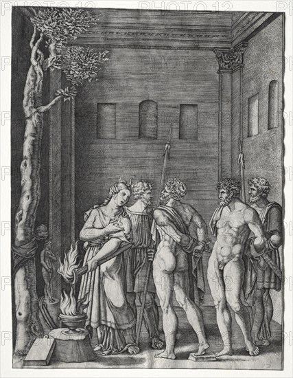 Orestes and Pylades brought to Iphigenia for Sacrifice, 1514/1536. Agostino Musi (Italian, 1490-1540). Engraving; sheet: 25.9 x 19.4 cm (10 3/16 x 7 5/8 in.)