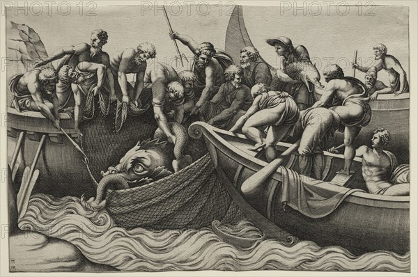 The Haul of Monstrous Fish, mid-1500s. Adamo Scultori (Italian, c. 1530-1585), after Giulio Romano (Italian, 1492/99-1546). Engraving; sheet: 20.7 x 31.2 cm (8 1/8 x 12 5/16 in.)