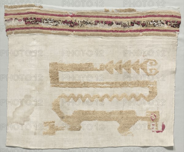 Fragment from a Mantle, c. 1100-1400. Peru, North Coast, Chimu Culture, 12th-15th century. Tabby, brocaded; border: single-face pattern weave (fancy twill); cotton and wool; average: 52.1 x 64.8 cm (20 1/2 x 25 1/2 in.).
