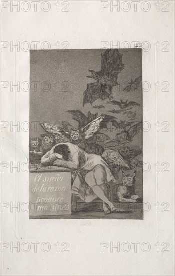 Caprichos:  The Sleep of Reason Produces Monsters. Francisco de Goya (Spanish, 1746-1828). Etching and aquatint
